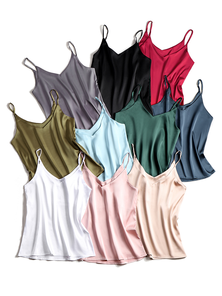 Women's Satin Silk Tank, Strap Top Halter V Neck, Basic White Cami, Sleeveless Summer Camisole Top