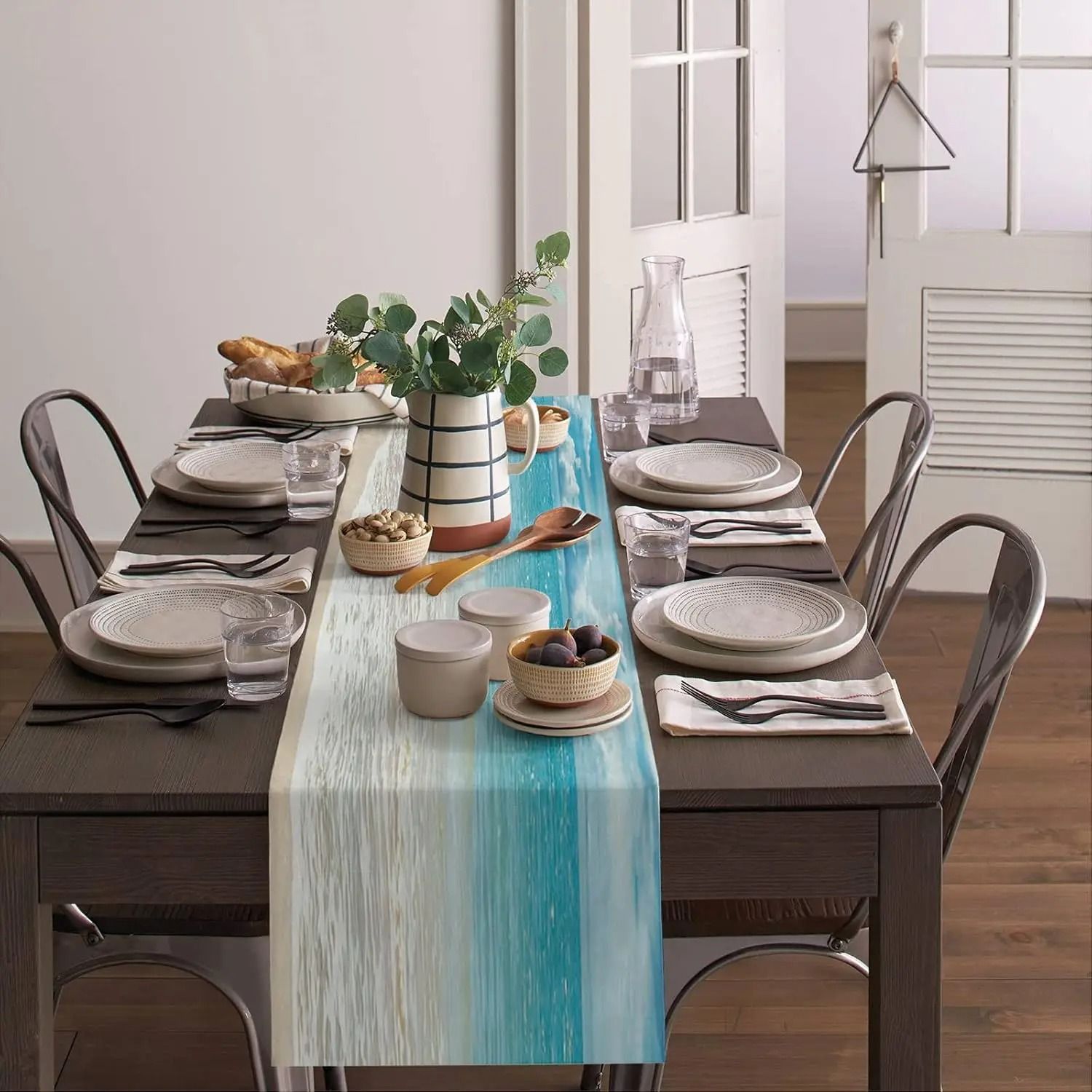Summer Ocean Beach Linen Table Runner | Coastal Sea Water Farmhouse Dresser Scarf