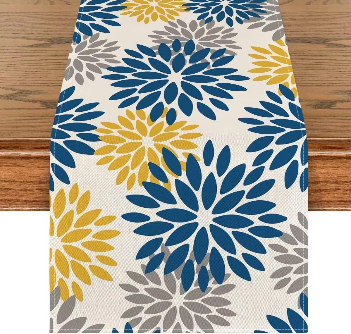Blue Dahlia Floral Linen Table Runner Summer Spring Farmhouse Dining Decor
