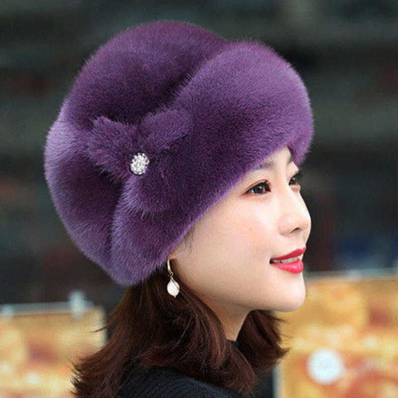 Floral Basin Cap, New Winter Warm Hat, Imitation Mink Fur Earflap Earwarmer Hat for Women