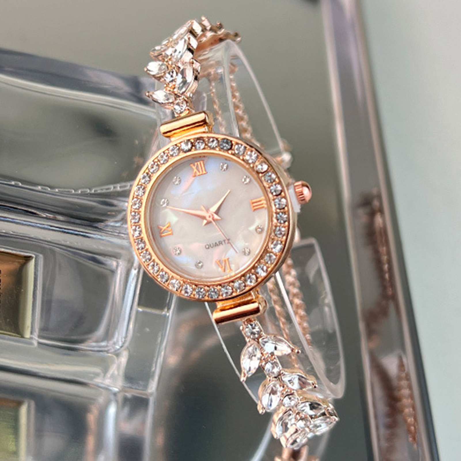 Diamond Wristwatches for Women, Quartz Crystal Watch with Free Adjustable Bracelet, Perfect for Brides