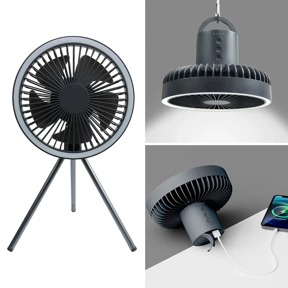 10000mAh Rechargeable Camping Fan with LED Light and Power Bank Portable Desk and Hanging Fan
