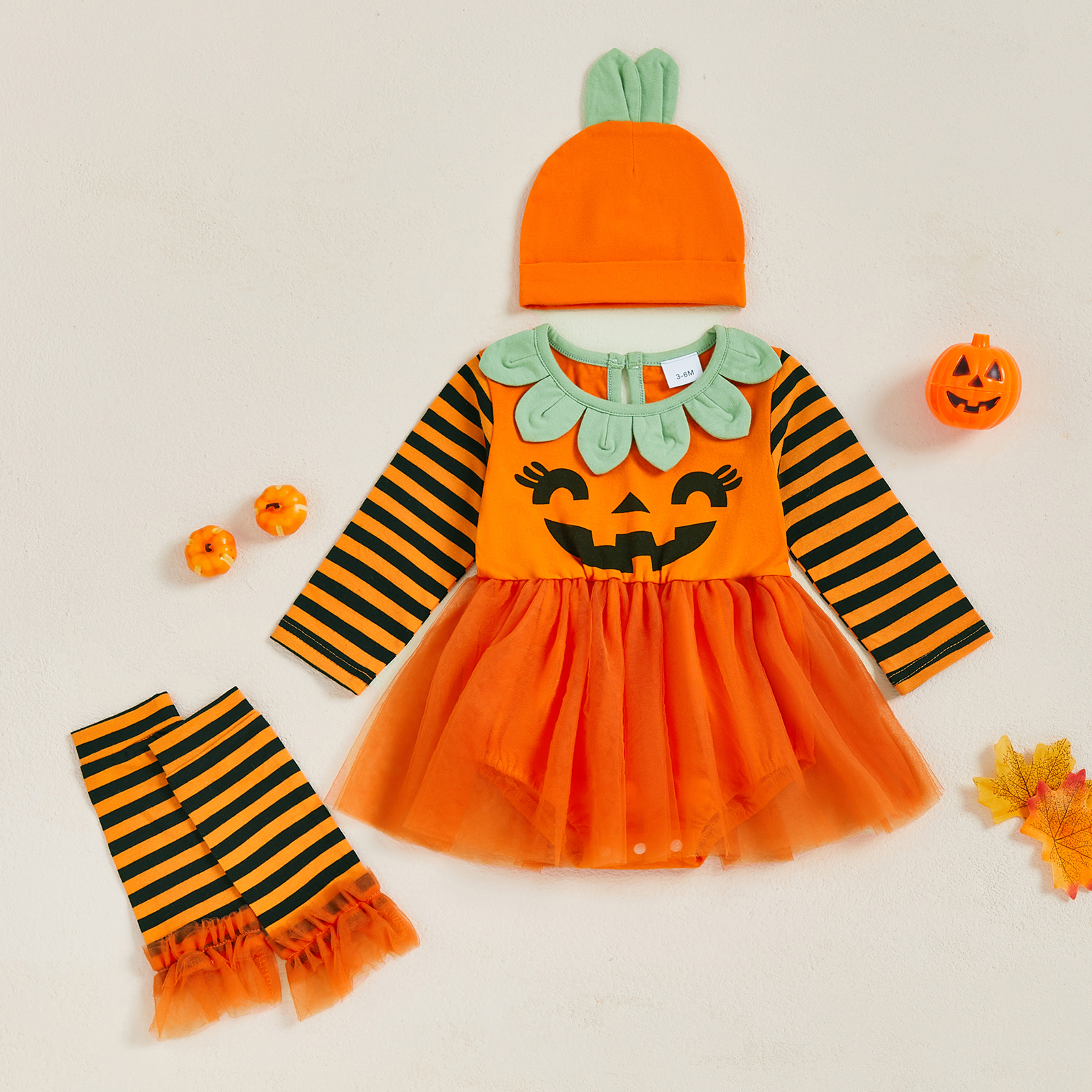 Pumpkin Print Halloween Romper, Newborn Baby Girl Costume, with Hat, Leg Warmers, Long Sleeve Dress