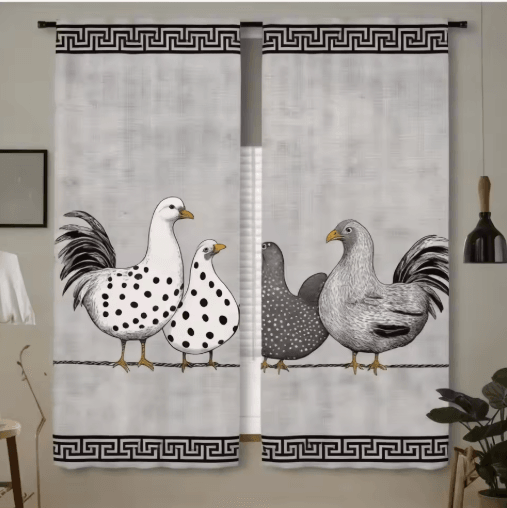 2-Piece Cafe Curtains Kitchen Window Retro Polka Dot Chicken Print Panels