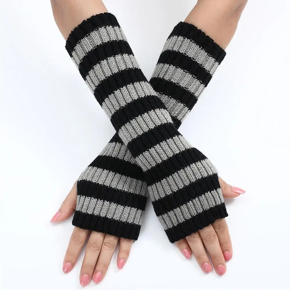 Gothic Striped Fingerless Arm Warmers - Harajuku Y2K Knit Sleeves