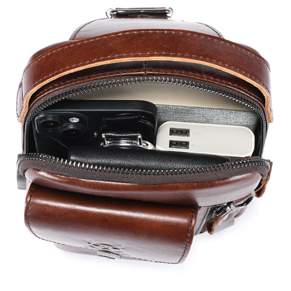 Mens Genuine Leather Anti-Theft Crossbody Bag Multifunctional Casual Chest Bag