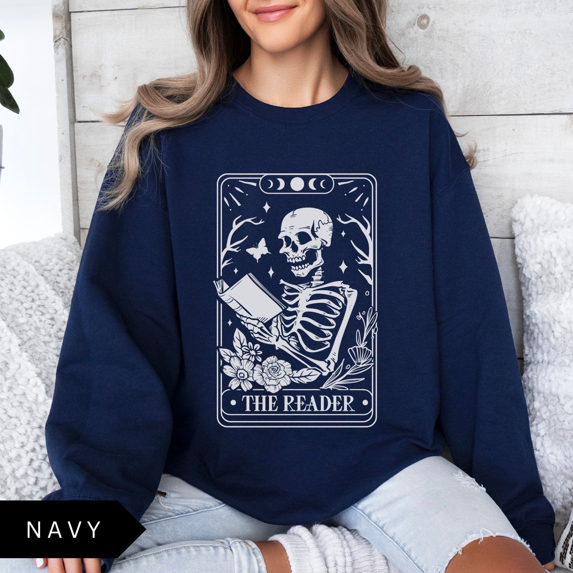 The Reader Tarot Card Sweatshirt, Book Lover Gift, Bookish Shirt, Skeleton Reading Shirt, Tarot Card Sweatshirt