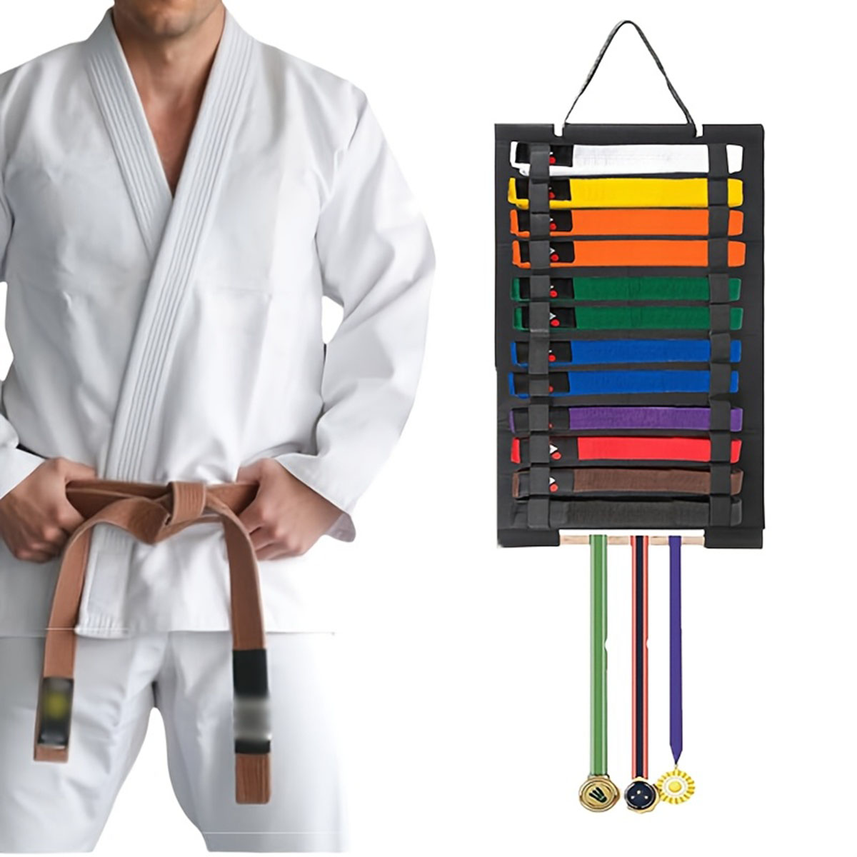Portable Karate Belt Display Stand with Hanging Medal Sticks, Lightweight Taekwondo Belt Storage Rack