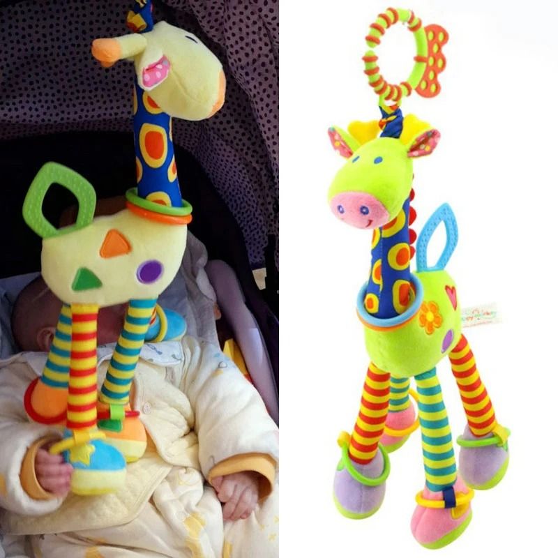 New Soft Cute Giraffe Animal Handbells Rattles Plush Infant Handle Toy with Teether