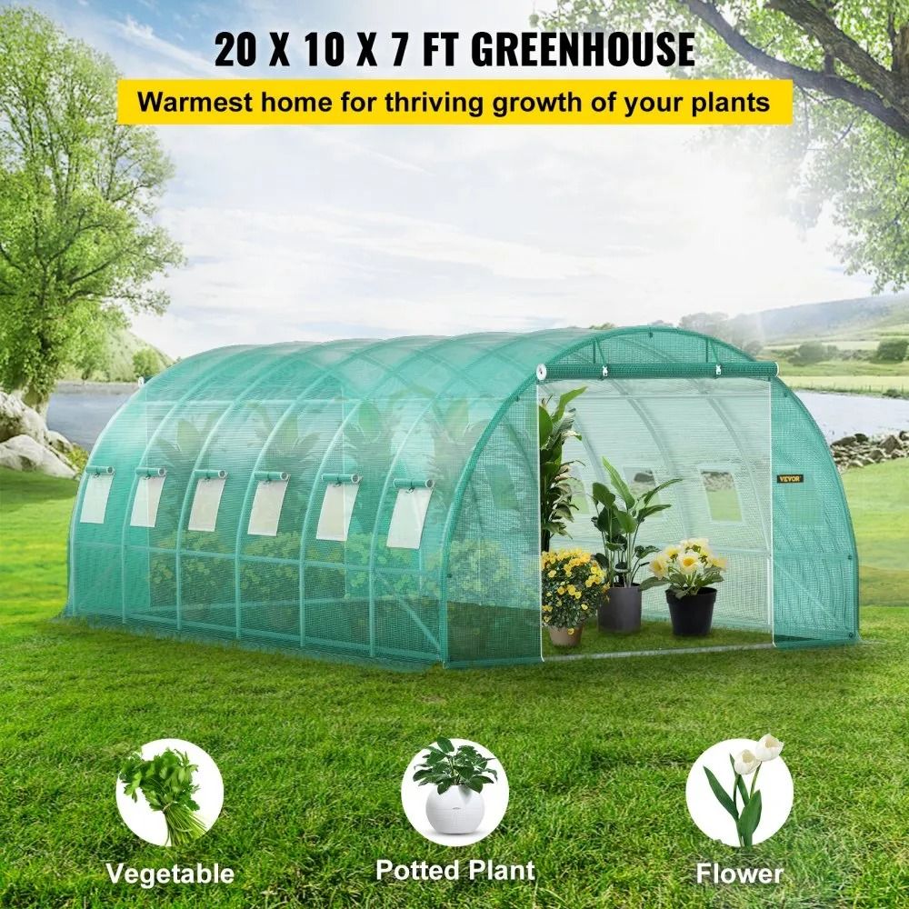 Walk-in Tunnel Greenhouse, Portable Plant Hot House, Galvanized Steel Hoops, Roll-up Windows, Zippered Doors, Top Beams
