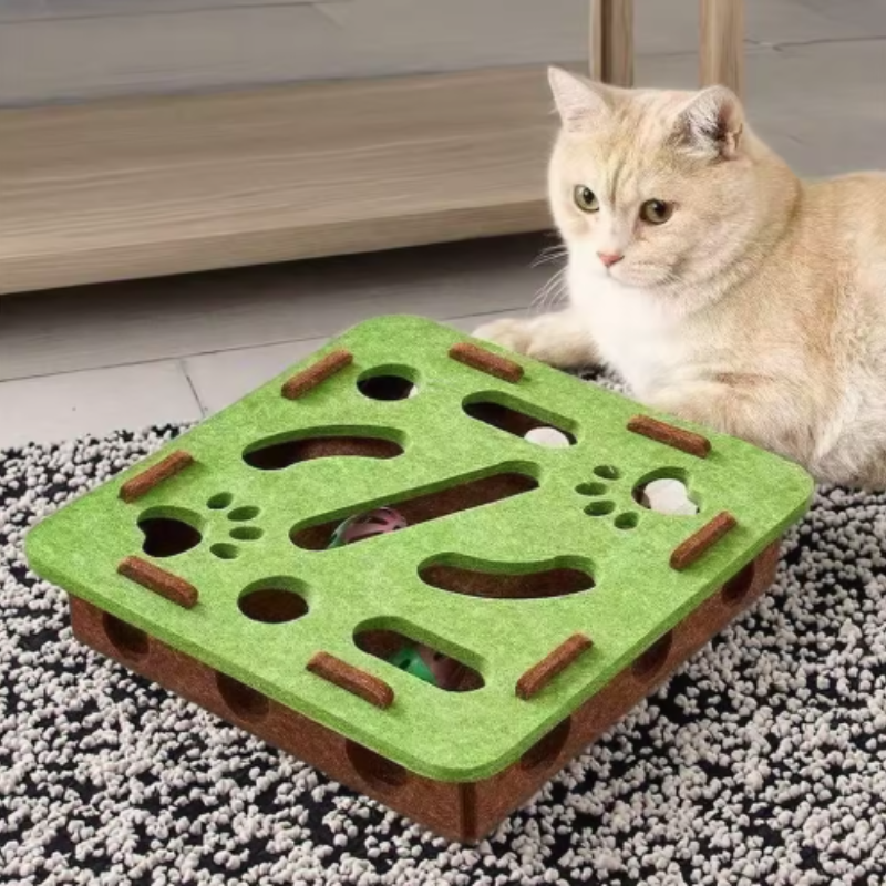 Interactive Cat Puzzle Toy Felt Cat Play Box with Bell Ball