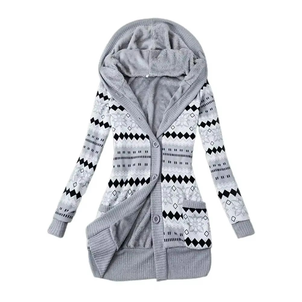 Cozy Striped Hooded Women's Cardigan – Plush Lined, Long Sleeve Autumn Winter Sweater Coat