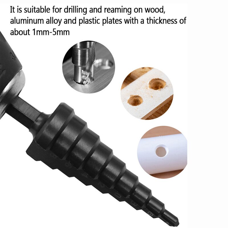 3Pcs HSS Straight Groove Step Drill Bit Set Nitride Black Hex Wood & Metal Hole Cutter 3-12mm, 4-20mm