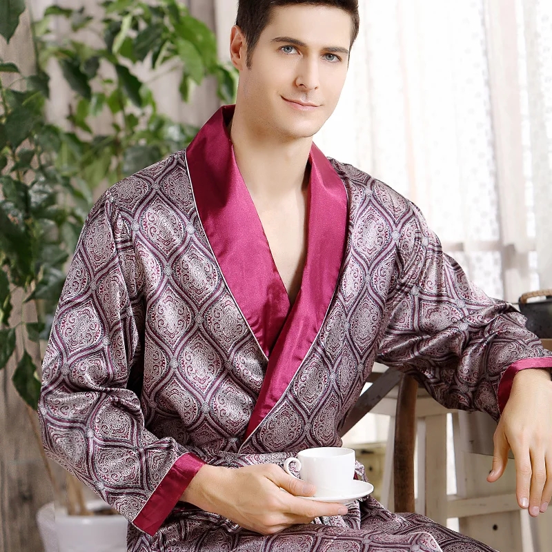 Bathrobe Silk Long Dressing Gown, Men Bath Robe Satin Print Gold, Geometric Lounge Nightgown, Plus Size Sleepwear