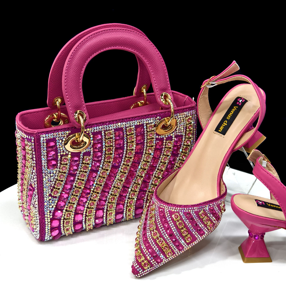 Rhinestone Decoration Fuchsia Color Shoes and Bag Set, Shiny Italian Fashion Pointed Toe Women Heel for Chic Elegance