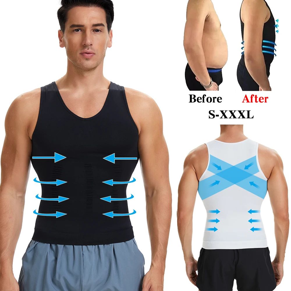 Mens V-Neck Compression Body Shaper Tank – Slimming Tummy Control Base Layer