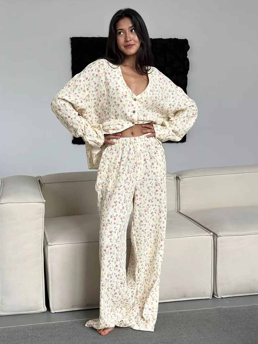 Women's New Autumn Muzuleva Cotton Printed Cardigan Pajama Set, Long Sleeved Pants Pajamas, Loose Home Clothing Set