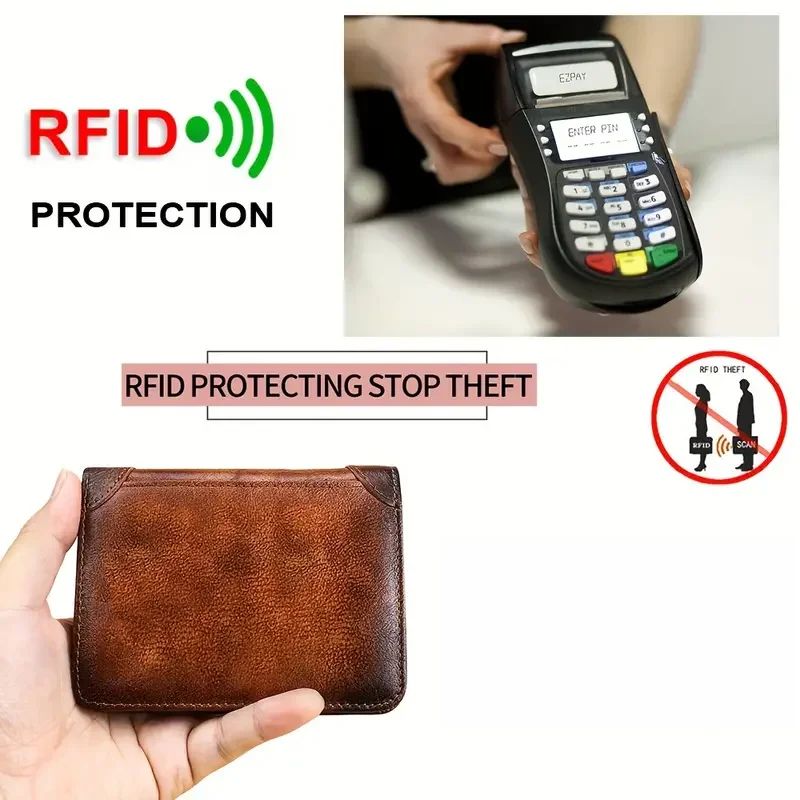 Mens Genuine Leather Wallet, RFID Anti Theft, Large Capacity Trifold, Fashion Card Holder with Photo Position