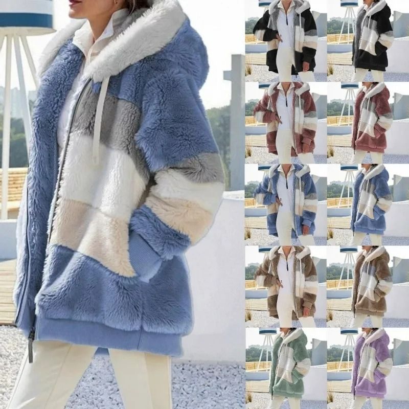 Women Oversized Plush Hooded Jacket Warm Streetwear Coat