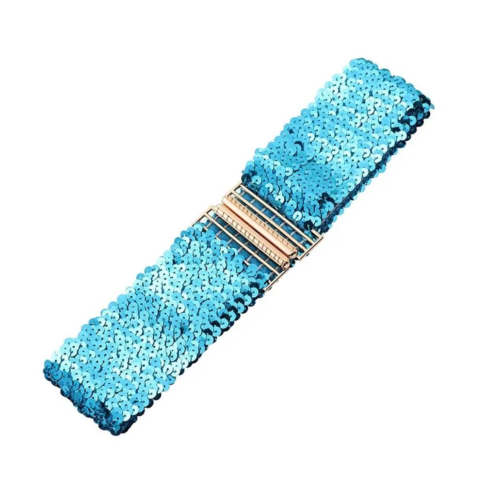 GlamCurve Wide Sequin Elastic Waist Belt with Gold Buckle