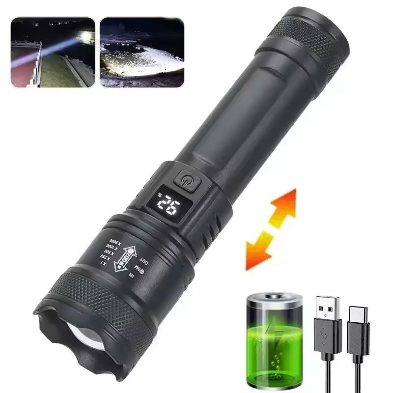 Rechargeable High-Power LED Flashlight with Zoom and Display