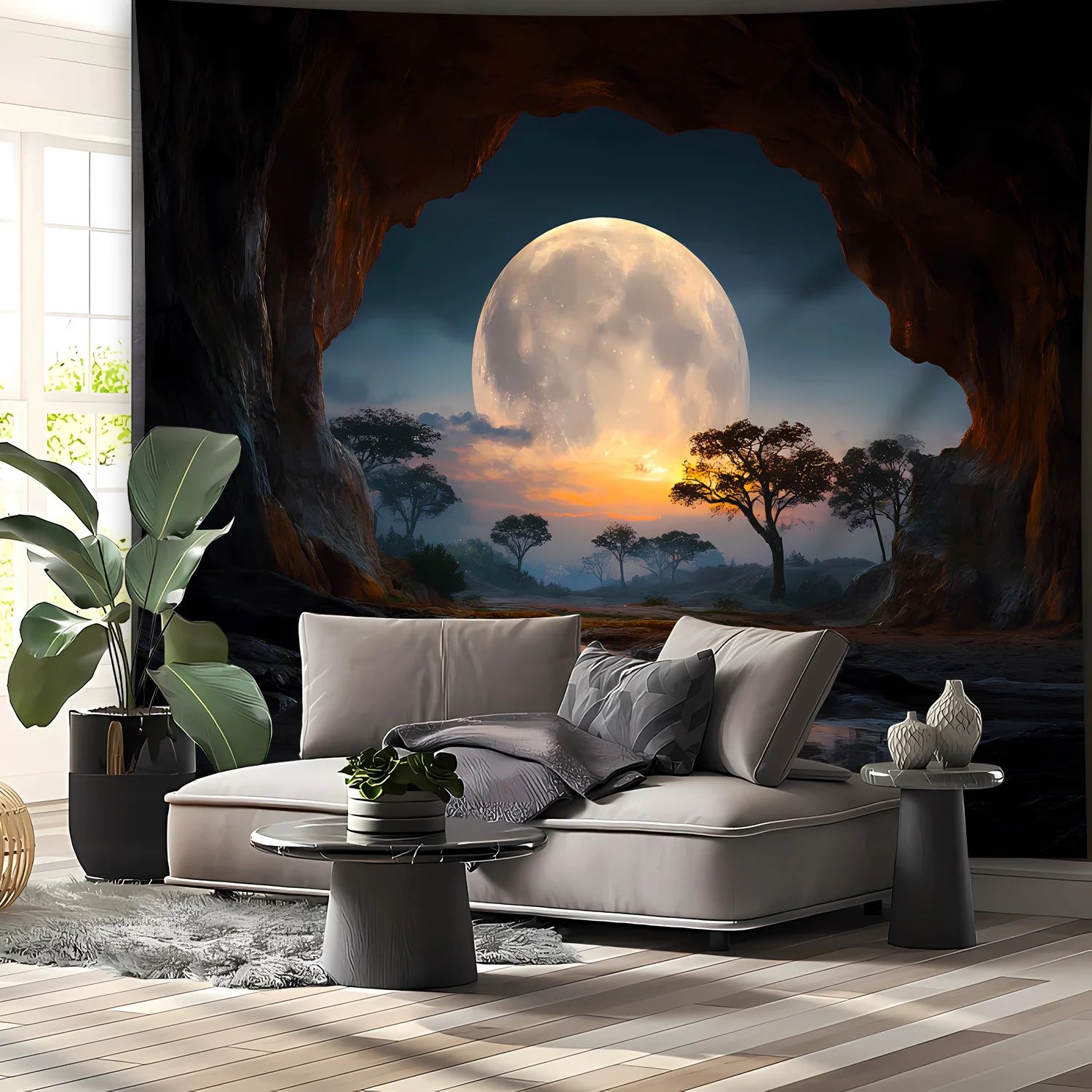 Tranquil Moon Forest Cave Tapestry Aesthetic Wall Hanging Nature Decor