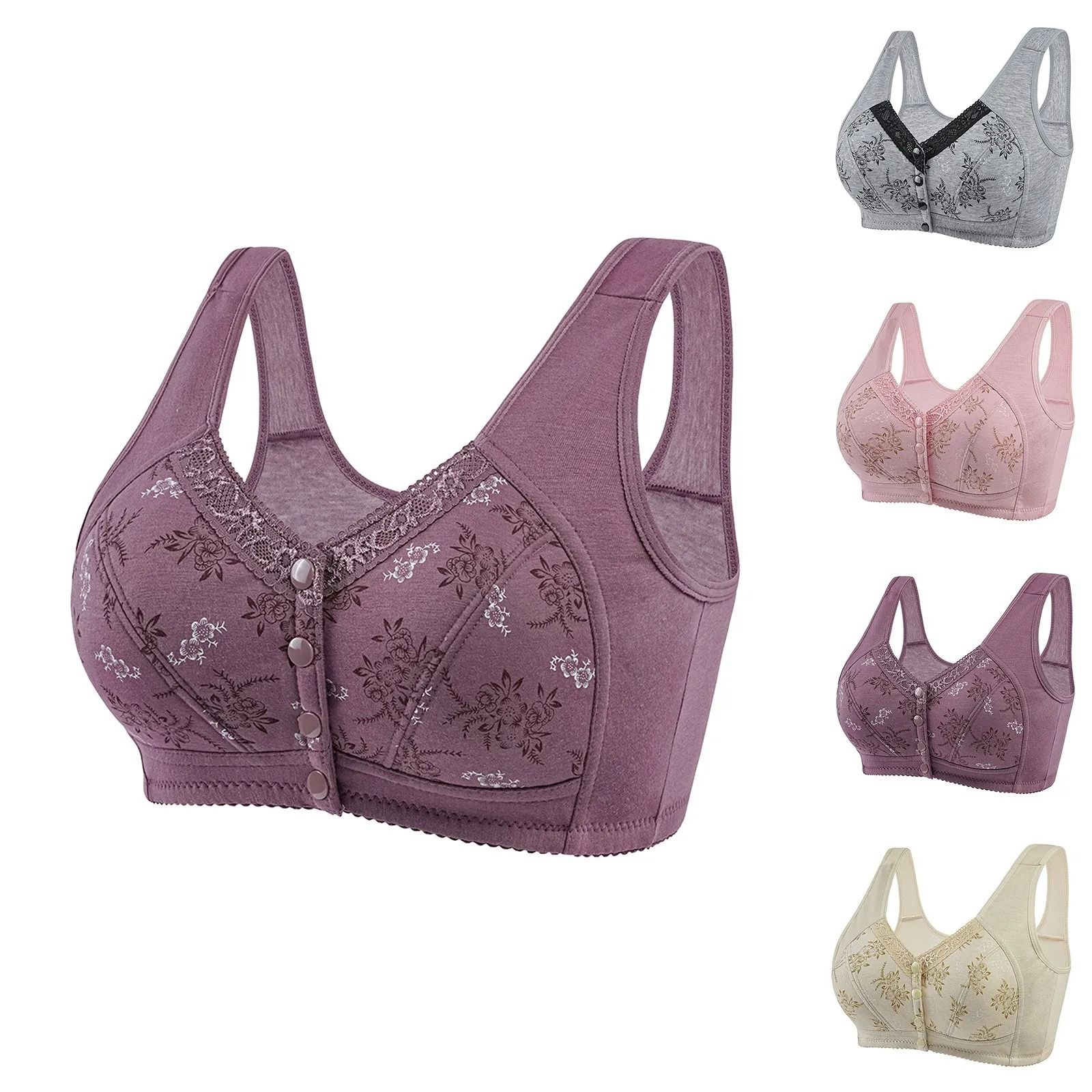 Womens Comfortable Front Button Bra Wireless Cotton Printed Lingerie
