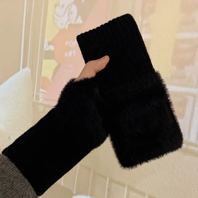 Soft Winter Half Finger Women Gloves Warm Plush Knitted Fingerless Mittens