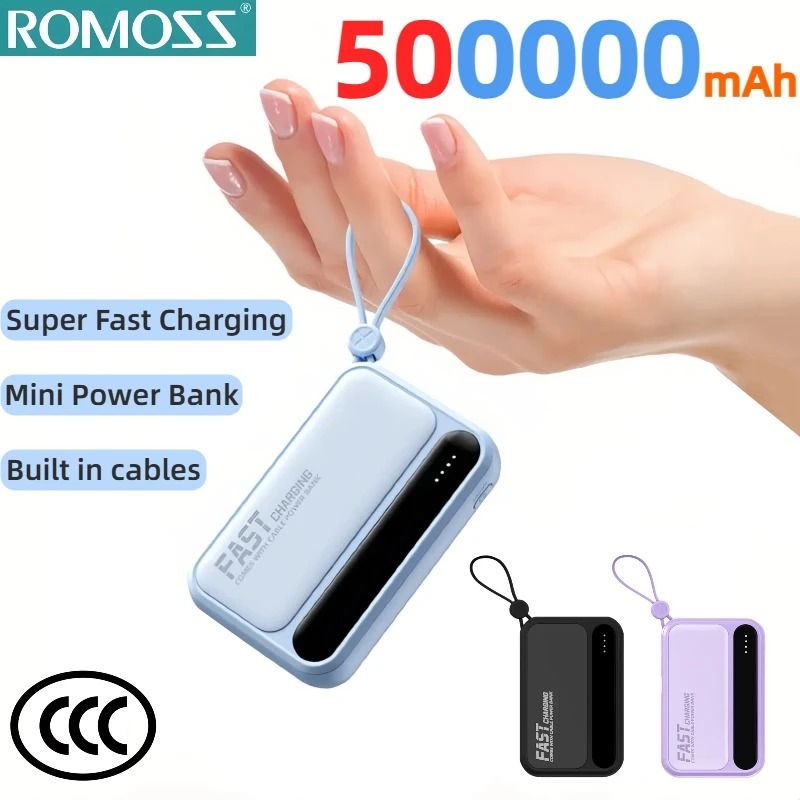 ROMOSS 500,000mAh Power Bank – 4-in-1 Large Capacity Portable Battery with Built-In Cables & Digital Display