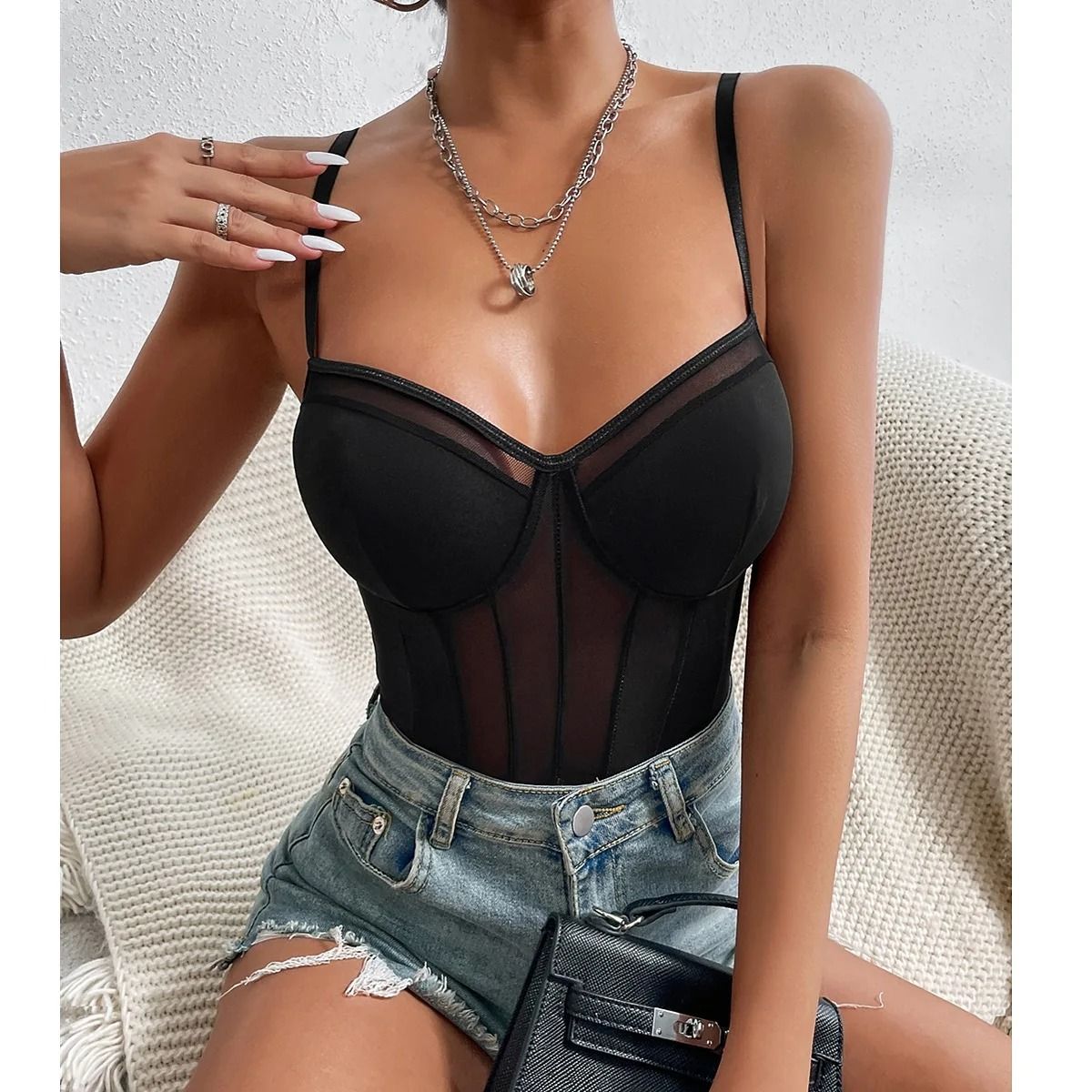 Womens Deep V Neck Camisole Top Adjustable Strap Padded Bust Shaping Tank