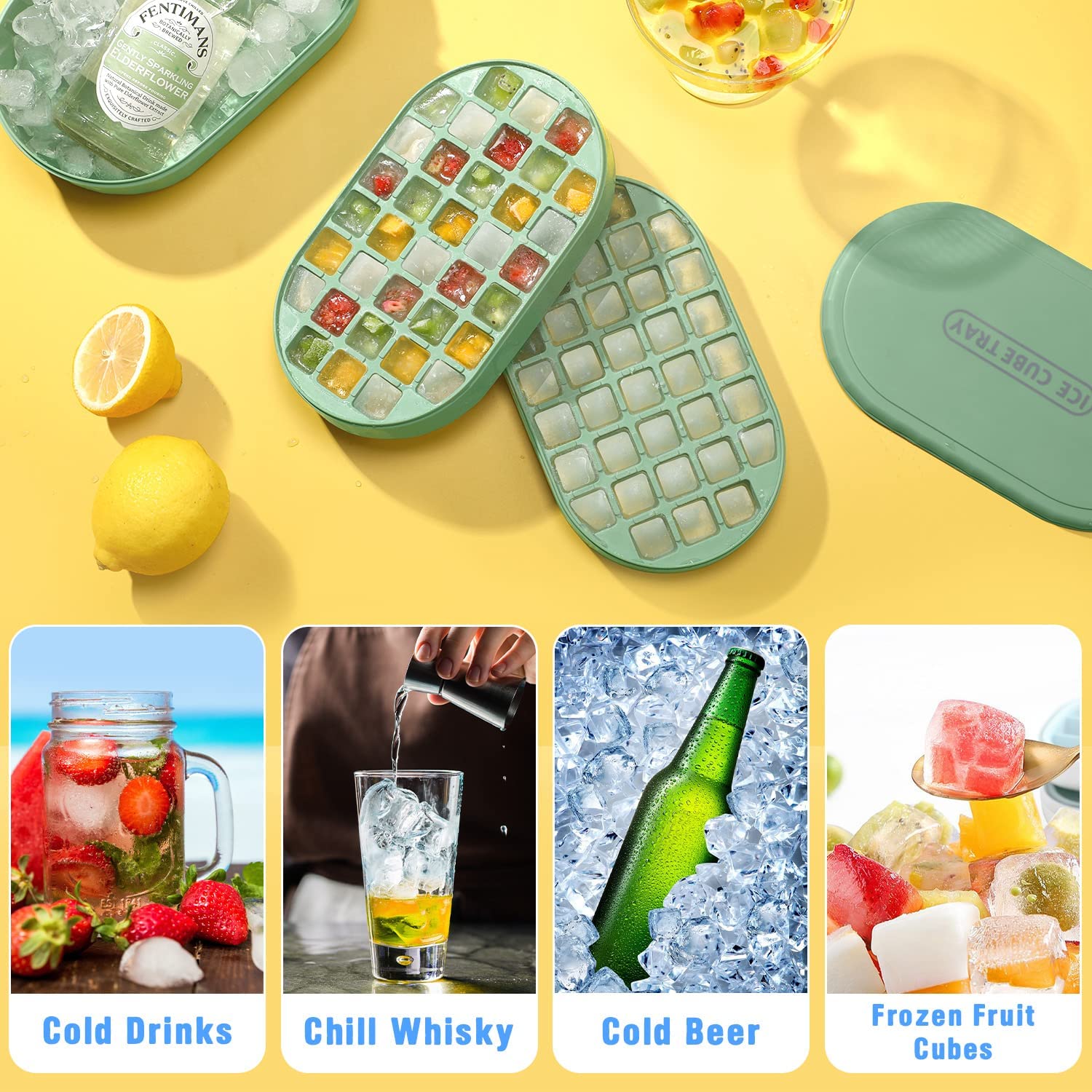 Stackable Double Ice Cube Tray with Lid and Case, Ice Cubes with Container and Spoon Included BPA Free