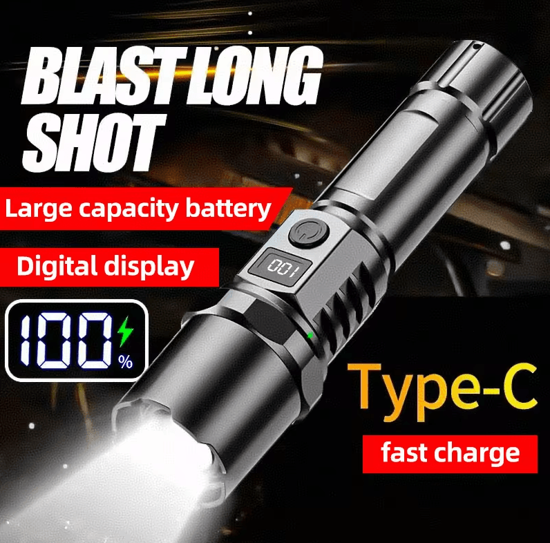Ultra Bright LED Flashlight with Zoom & Battery Indicator – USB Charging Camping Light Torch