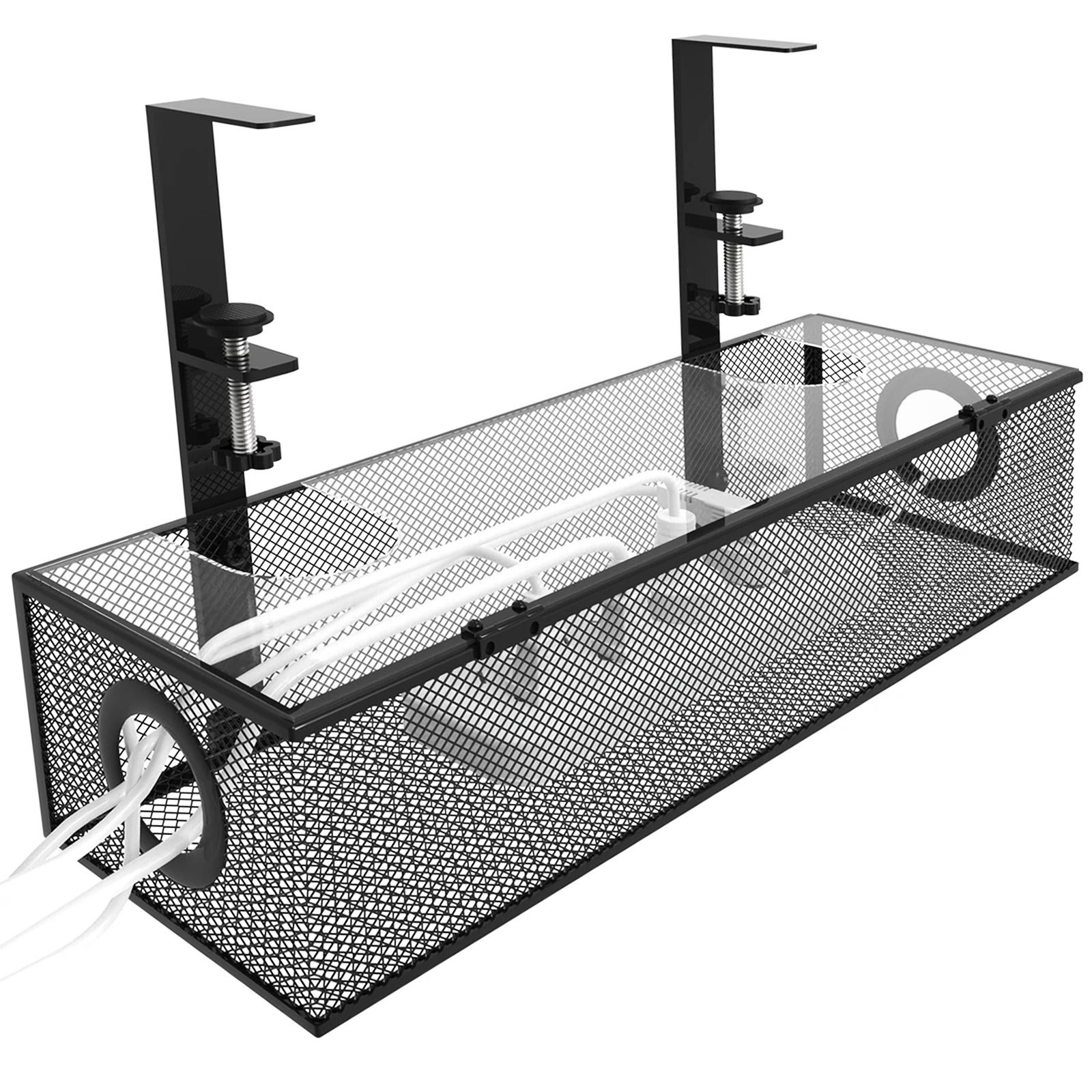 Under Desk Box Tray Black Wire Management Cord Organizer Clamp Mount