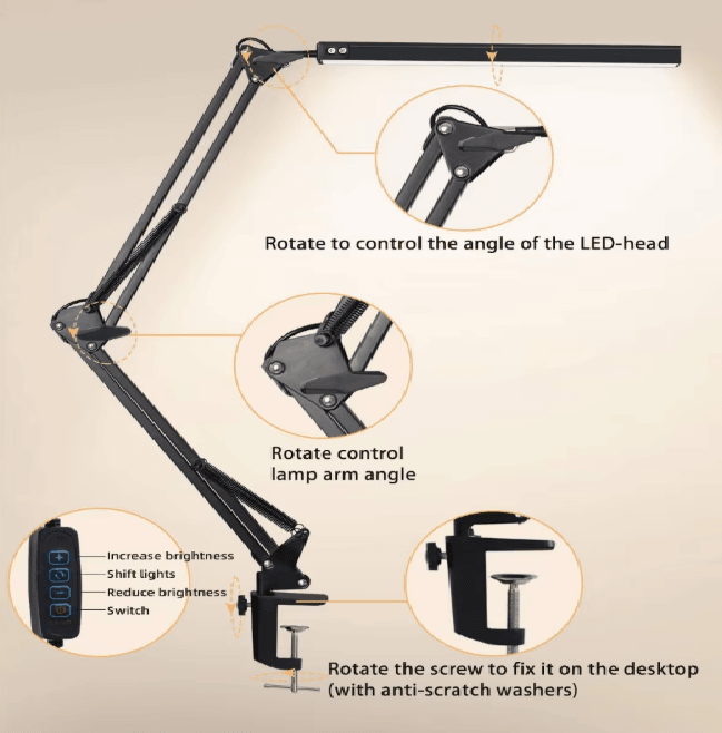 10W LED Desk Lamp with Clamp Swing Arm Dimmable Eye Caring Light