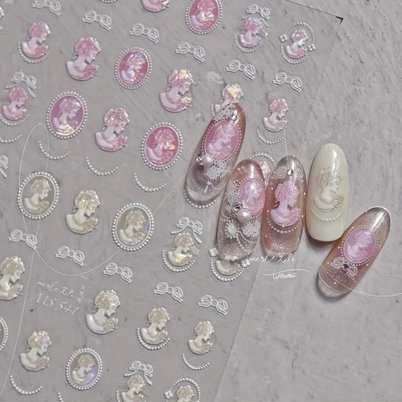 Baroque Pearl Nail Stickers With Iridescent Shell And Lace Pattern