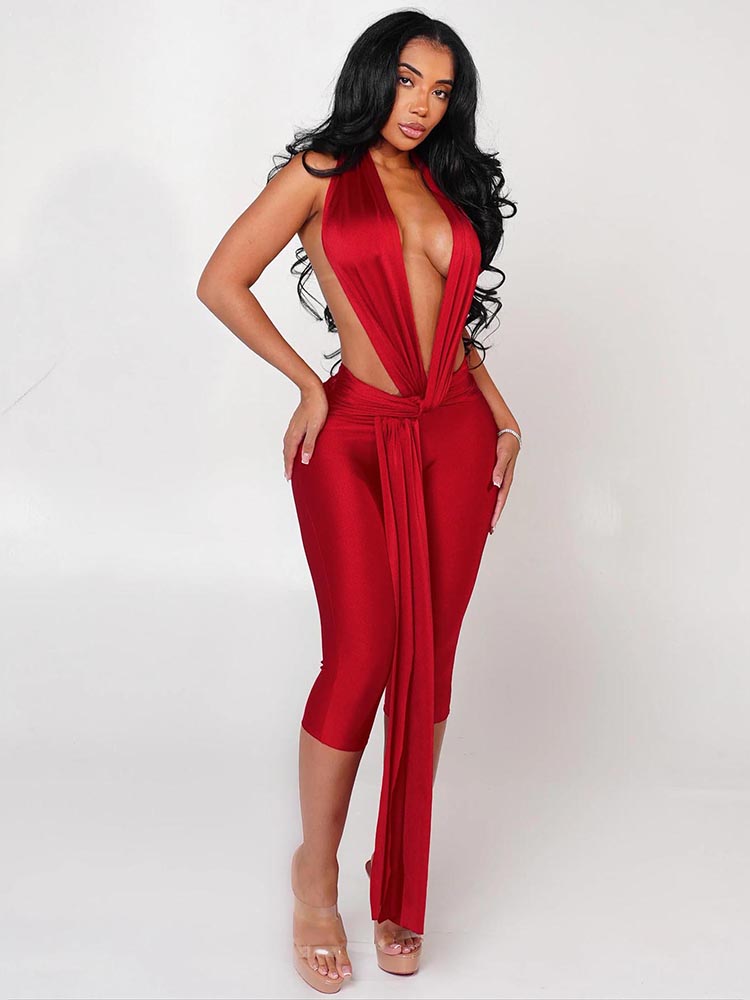 Midnight Activity Slim Playsuits Women Elastic Backless Weird Puss Halter Romper Ribbon Workout Activewear