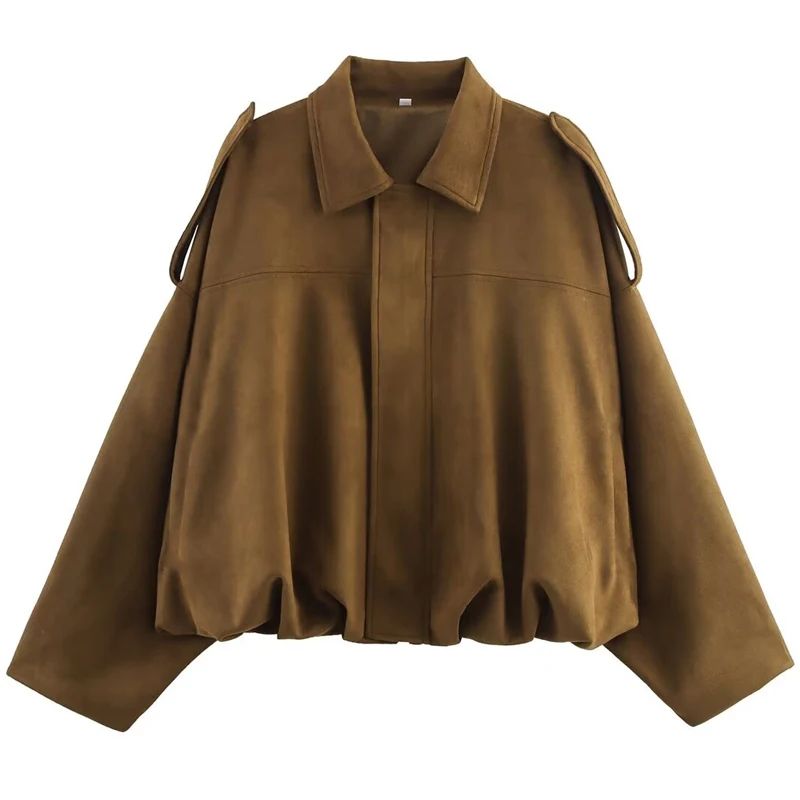 HXAO Cropped Suede Bomber Jacket Women Lapel Zipper Racing Coat