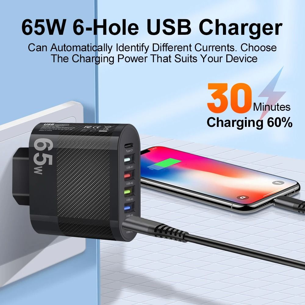 65W High-Fidelity 6-Port PD and USB Fast Charging Power Hub
