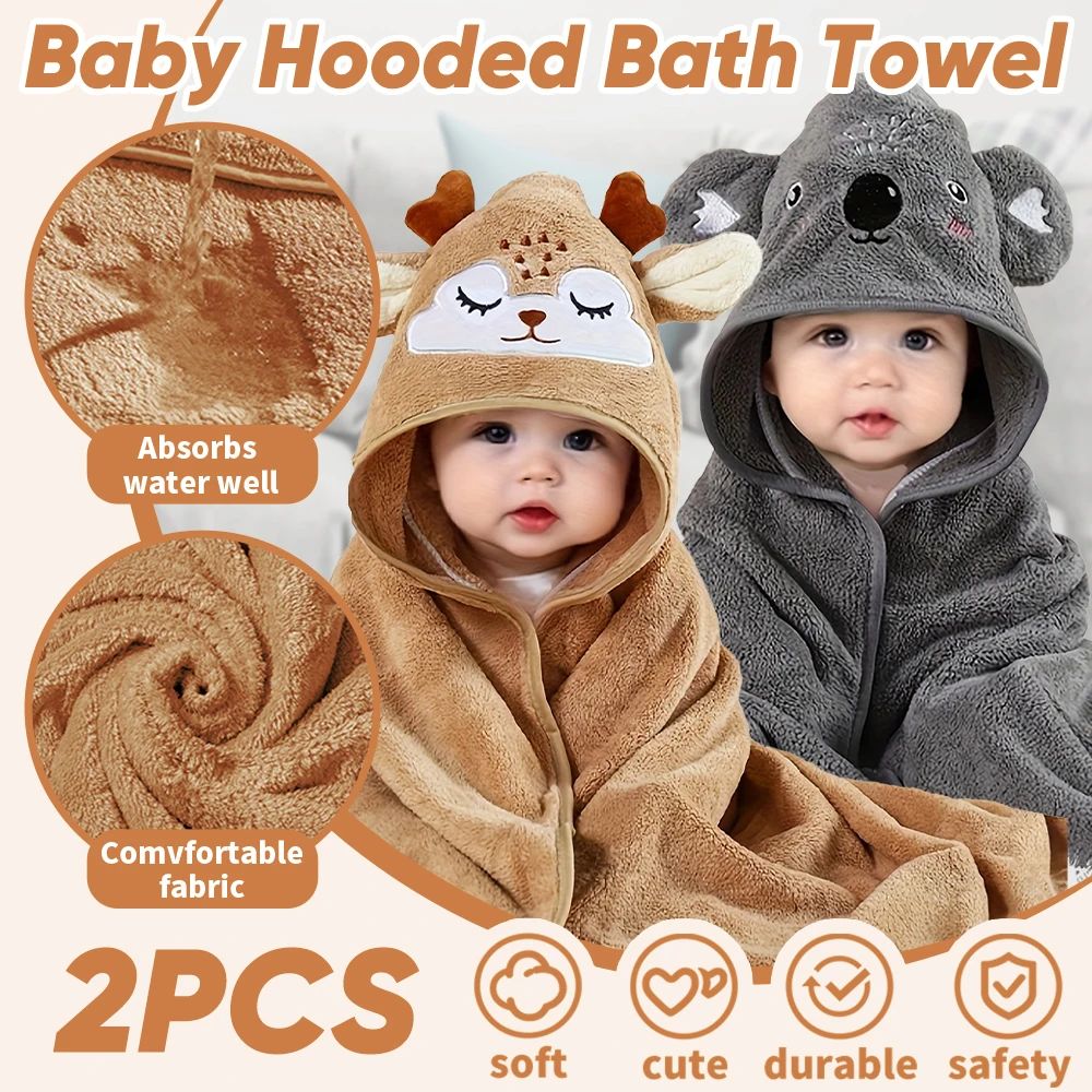 2pcs Hooded Baby Towel Set Soft Absorbent Cotton Baby Bath Towels for Newborns & Toddlers 31.5x31.5 in
