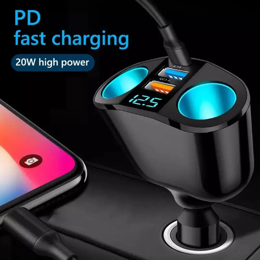 120W Fast Charging Car Charger – Dual USB & Type-C QC3.0 Adapter with LED Voltage Display