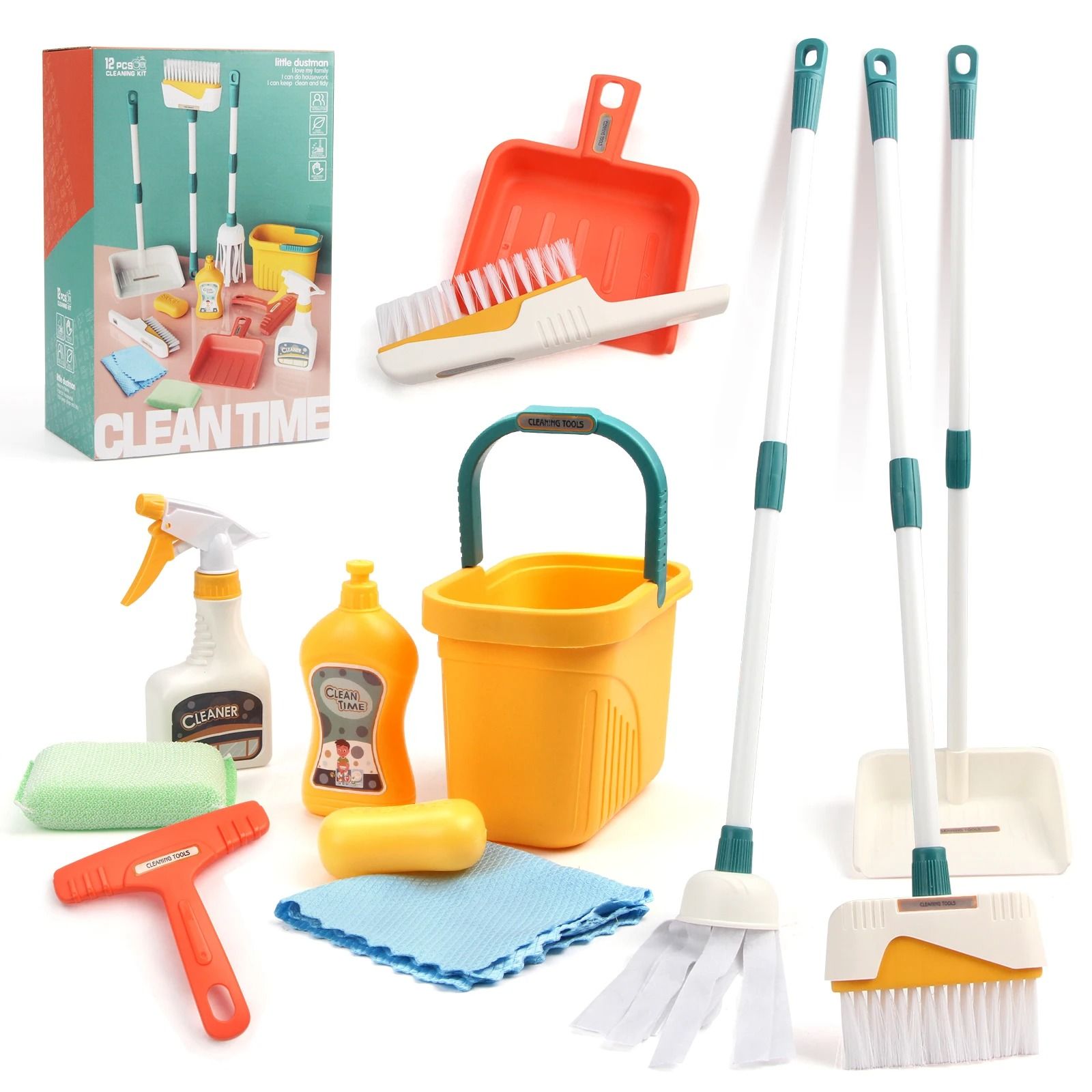 Kids Cleaning Set Play House Toy Pretend Cleaning Kit with Broom Mop and Bucket