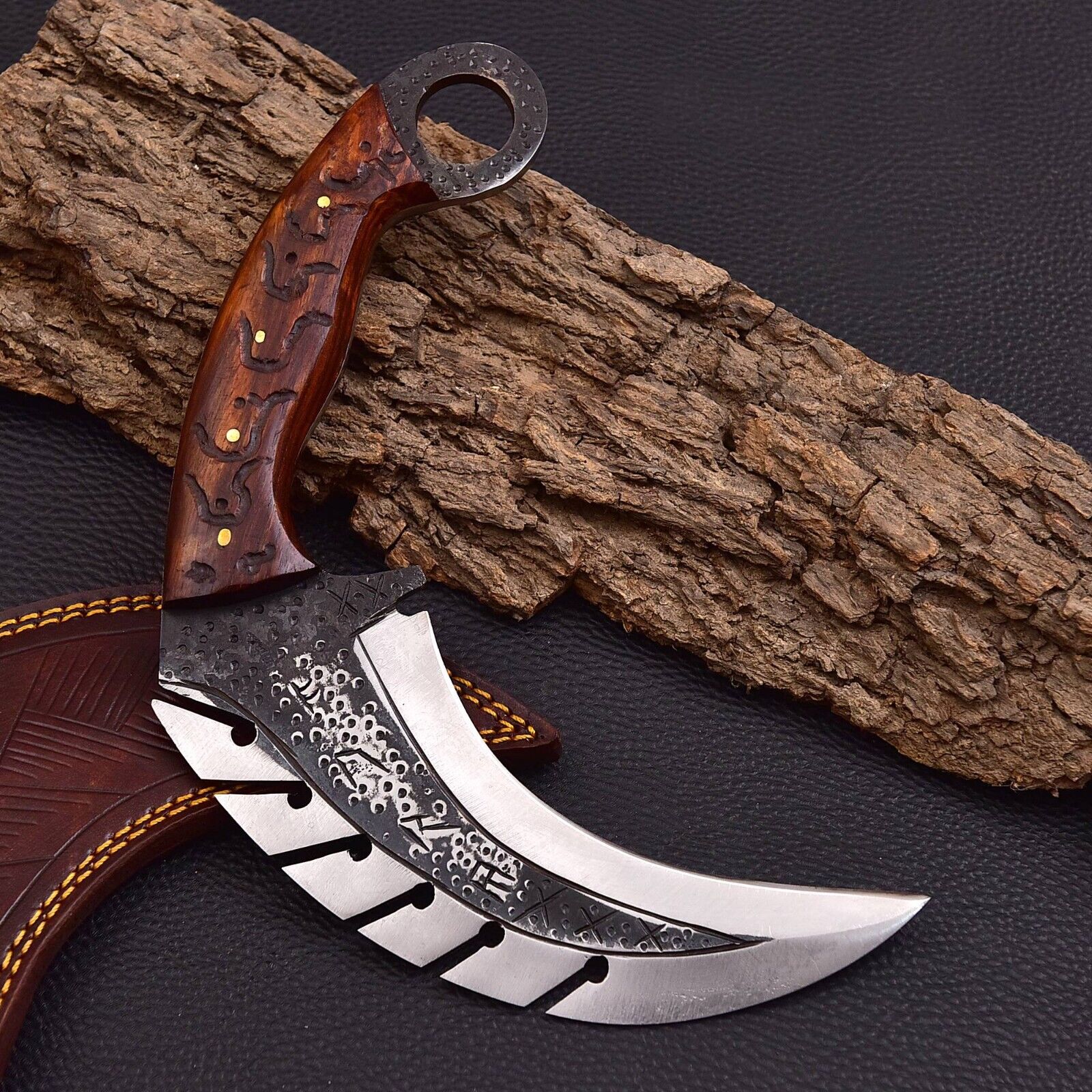 Custom Handmade Carbon Steel Viking Karambit With Polished Wood Handle