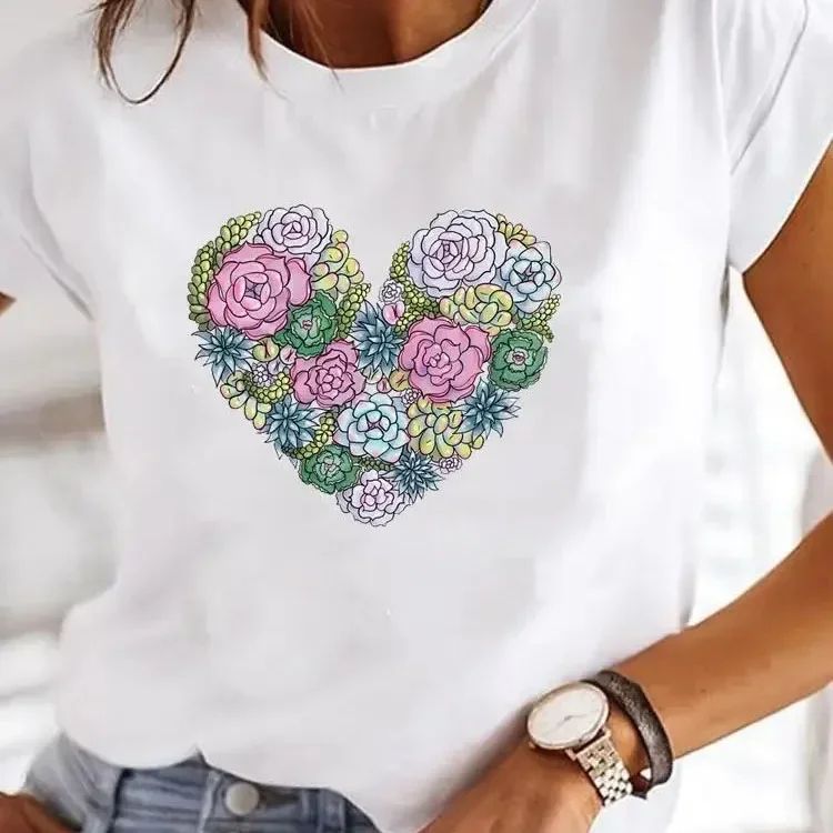 Retro Love Heart Y2K T-Shirt – Womens Casual Heart Print T-Shirt Summer O-Neck Graphic Tee