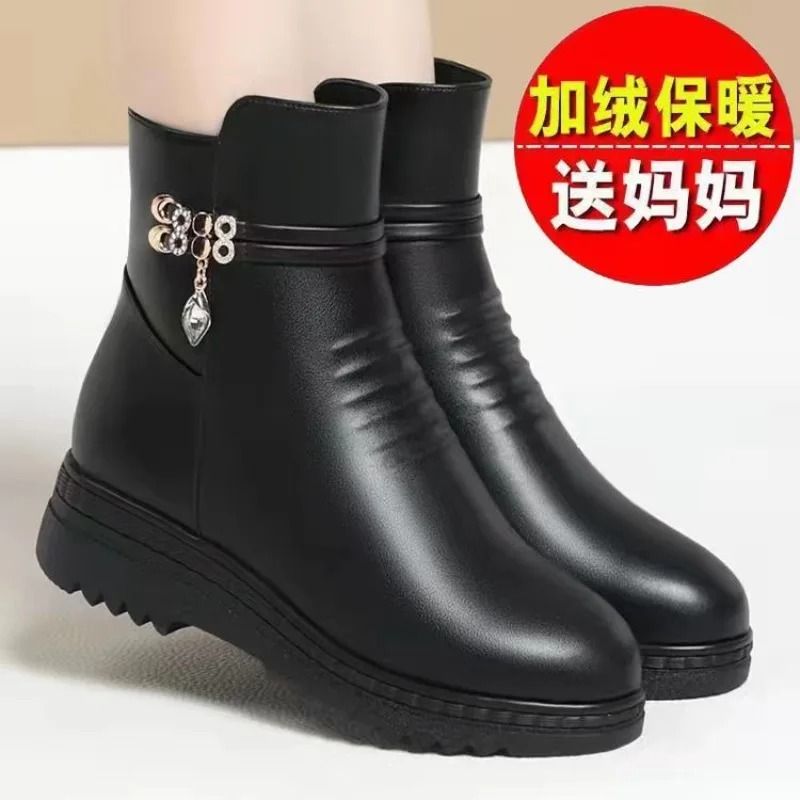 Leather Women Boots 2024 Winter Thick Wool Lined Genuine Leather Snow Boots