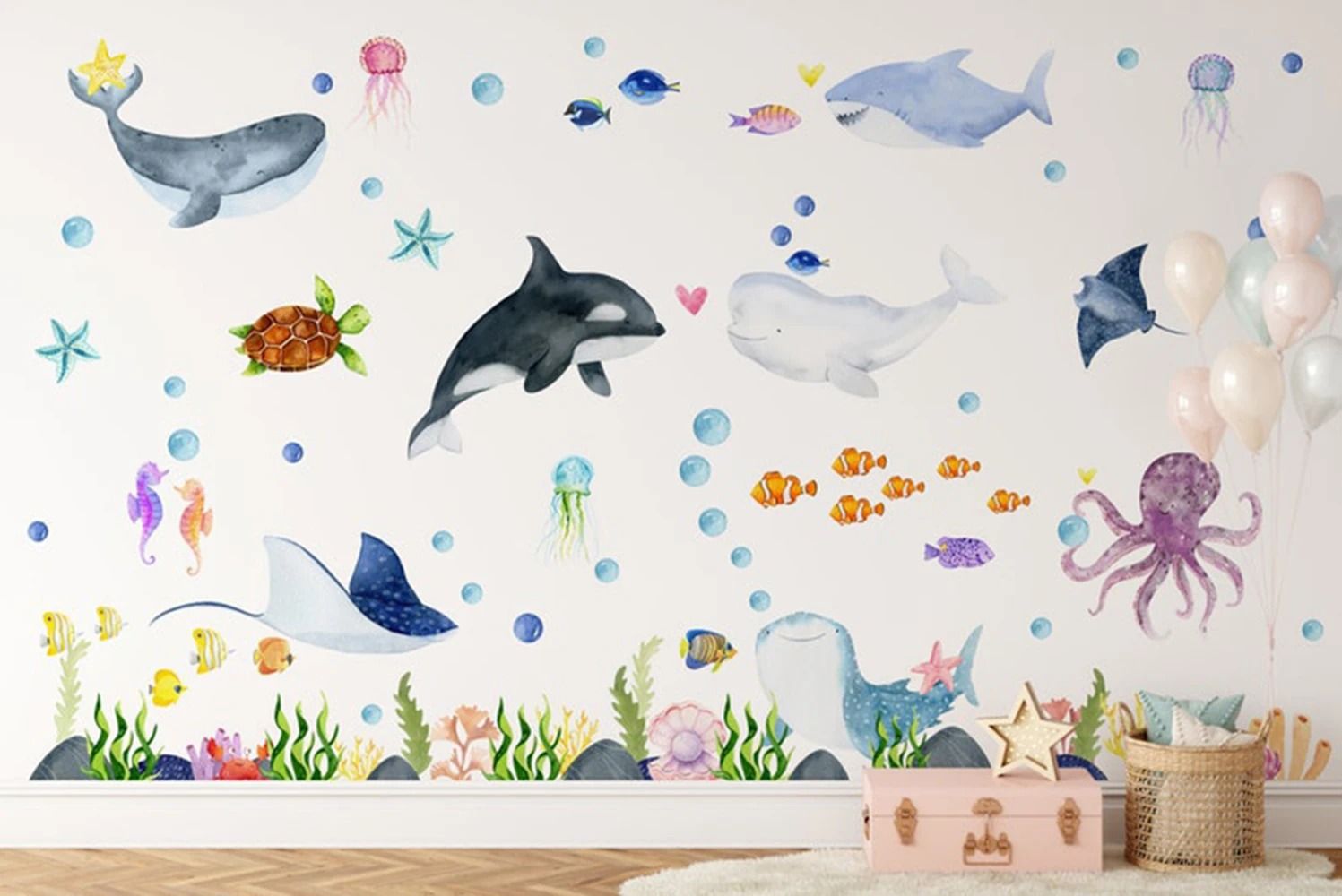 Ocean Animals Wall Stickers – Undersea Nautical Decals – Marine Life Wall Art for Baby Nursery & Kids Room