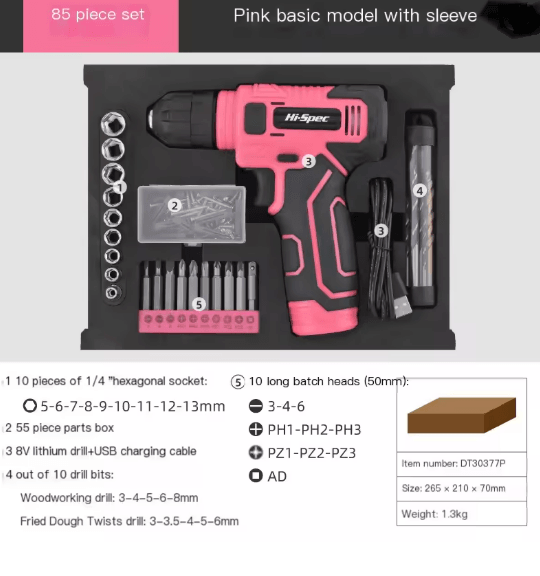 Hi Spec 133 Piece Pink Power Tool Set with 8V Lithium Drill and Toolbox