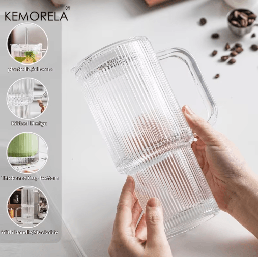 760 ml Ribbed Glass Tumbler with Handle Lid Large Iced Coffee Mug with Straw 1 to 2 PCS
