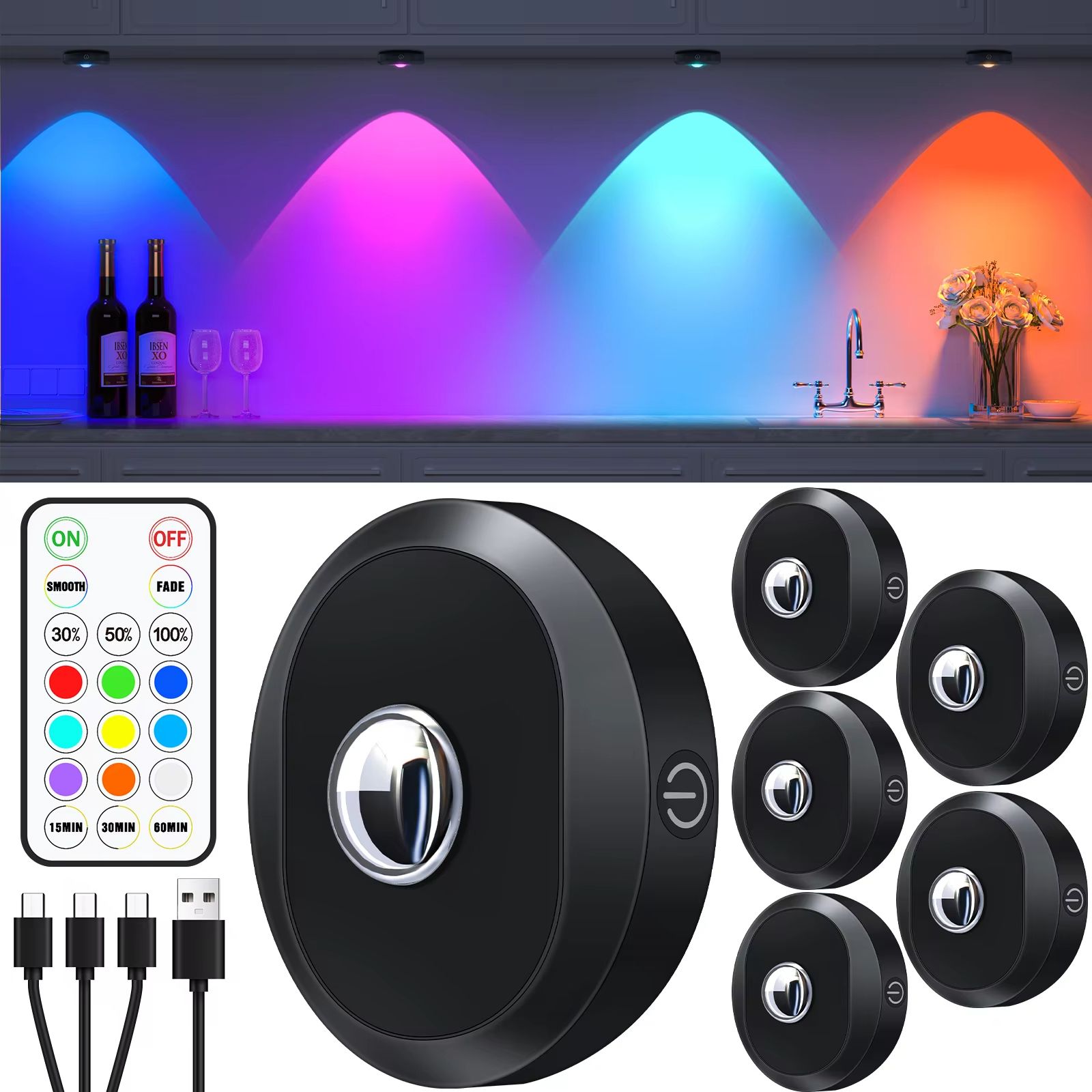 WILLED Rechargeable RGB Puck Light - 1200mAh Battery with Remote and Touch Control