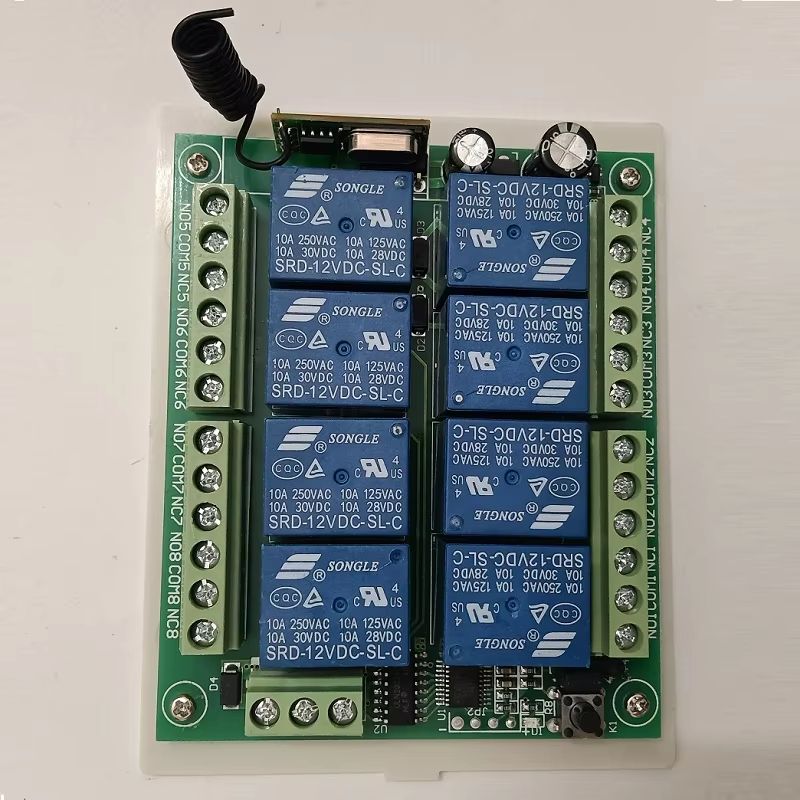433MHz 8-Channel RF Wireless Remote Control Switch – DC 12V/24V Relay Receiver with Industrial Transmitter