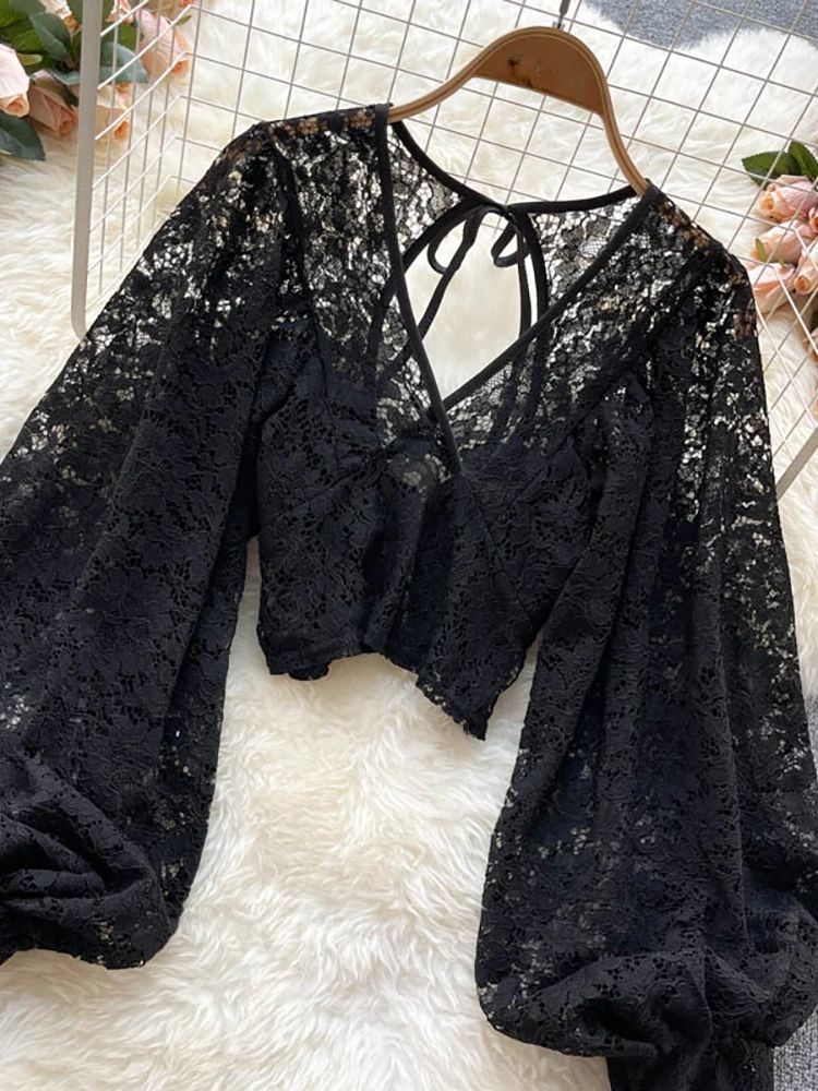 Women's Lace Open Back Blouse – V-Neck Puff Sleeve Cropped Party Top